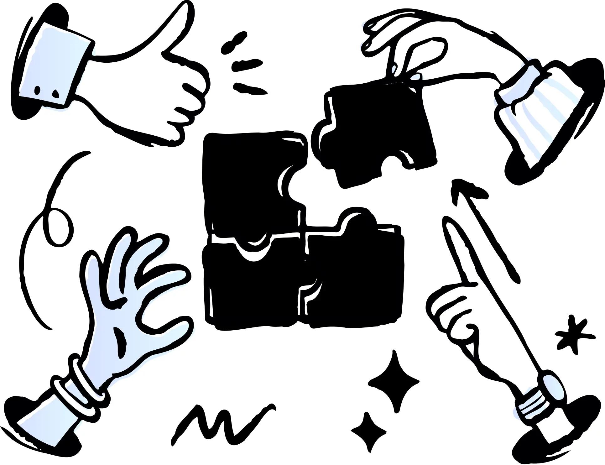 Illustration of hands connecting puzzle pieces, representing TalentedXpert matching freelance talent with businesses